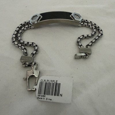Bulova Men's Stainless Steel Black & Silver ID Chain Bracelet, Fold-Over