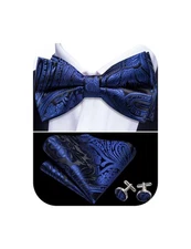 Navy Blue Black Bow Tie Set Men Paisley Silk Pre-Tied Bowtie Handkerchief Cuf.