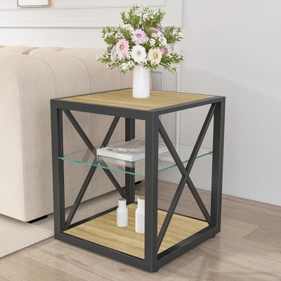 Modern Industrial End Table with Tempered Glass Top and Wood MDF Shelf