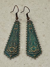 Teal Patina Copper Tone Dangle Earrings Boho Southwestern Tribal Design