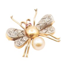 14K GOLD Vintage Antique Genuine Diamonds & Pearl Bee Brooch Pin GB022
