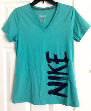 NIKE Slim Dri-Fit Womens T-Shirt V-Neck Short Sleeve Teal Green Sz Small