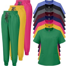 Medical Nursing Scrub Uniform Set Crew-Neck Jogger Multi-Pocket Drawstring Suits