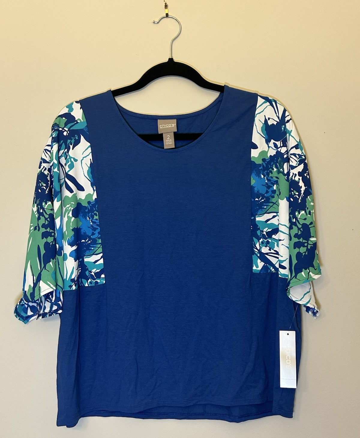 NWT Chicos Abstract Blue Pullover Blouse with Whimsical Sleeves