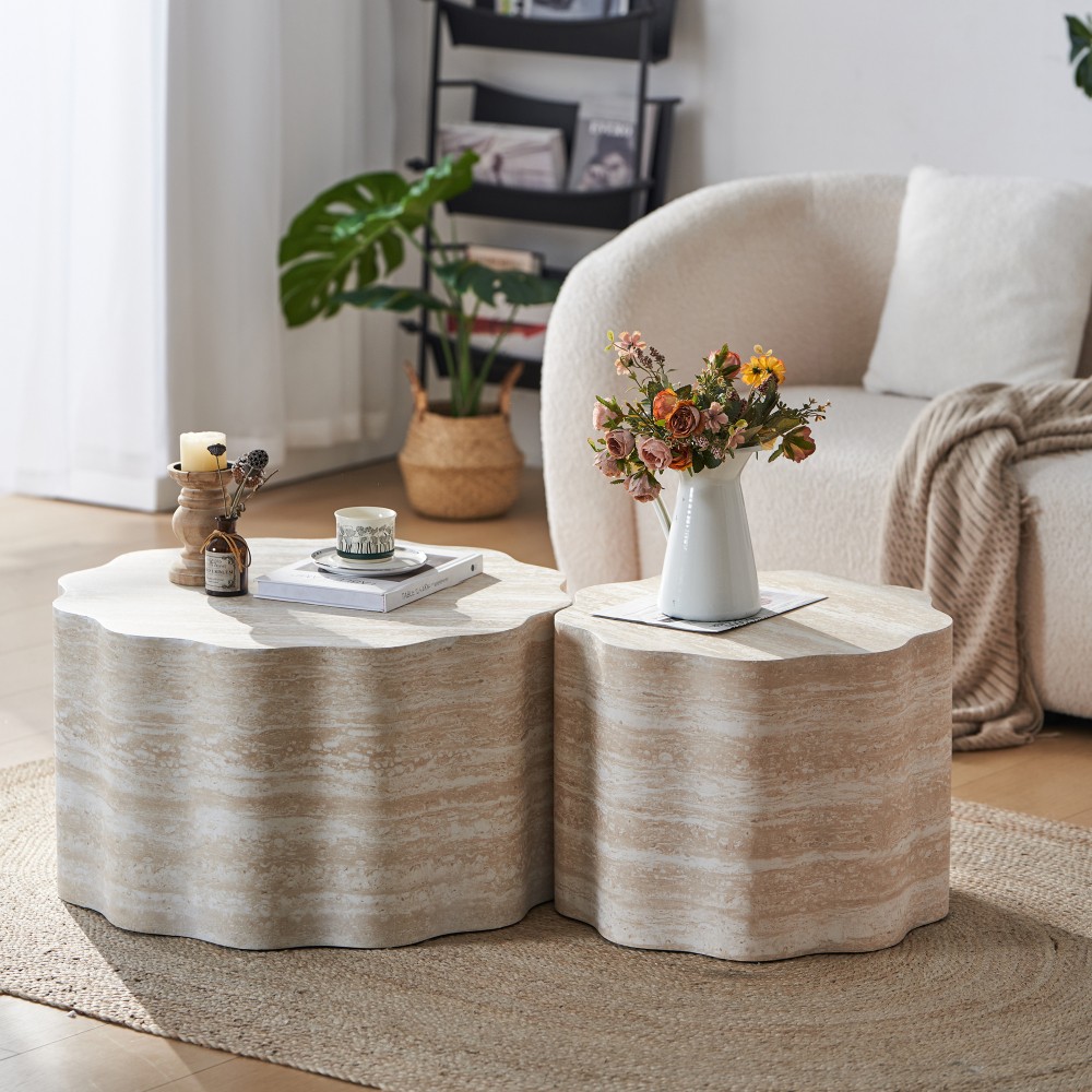 2-Pack Round Coffee Side Tables Faux Mars Pattern Modern Minimalist Living Room