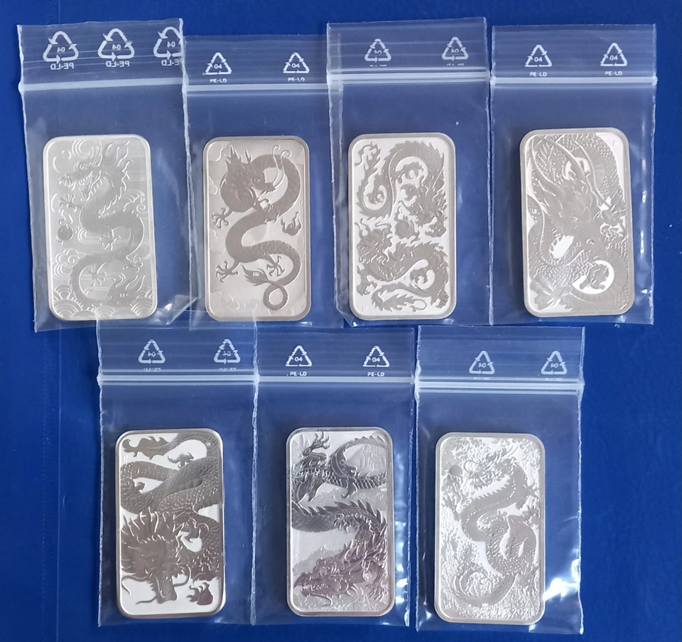 7x 1oz Silber Ag 9999 "Dragon Rectangle" Perth Mint Australien 2018-2024 st - Bild 3 von 4