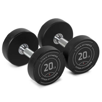 Titan Fitness 20 LB Set Round Urethane Dumbbells, 32mm Medium Volcano Knurling