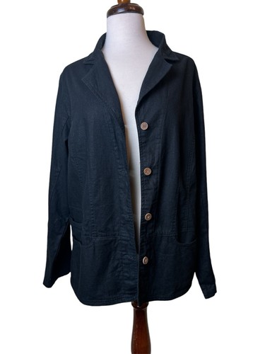 Woolrich Blazer Women Size XL Black Linen Blend Pockets Minimalist - Picture 4 of 11