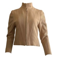 1970s Vtg Geoffrey Beene Tan Rib Knit Zip Front Jacket S