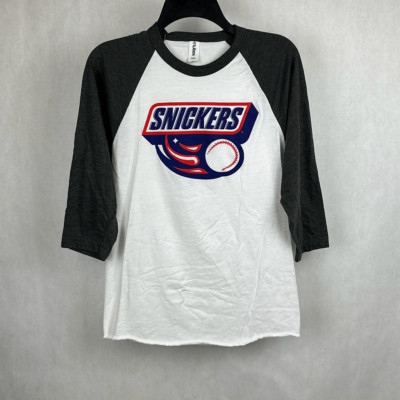 Snickers Baseball Raglan Tshirt Sz Small White Gray Candy Bar Softball Sports