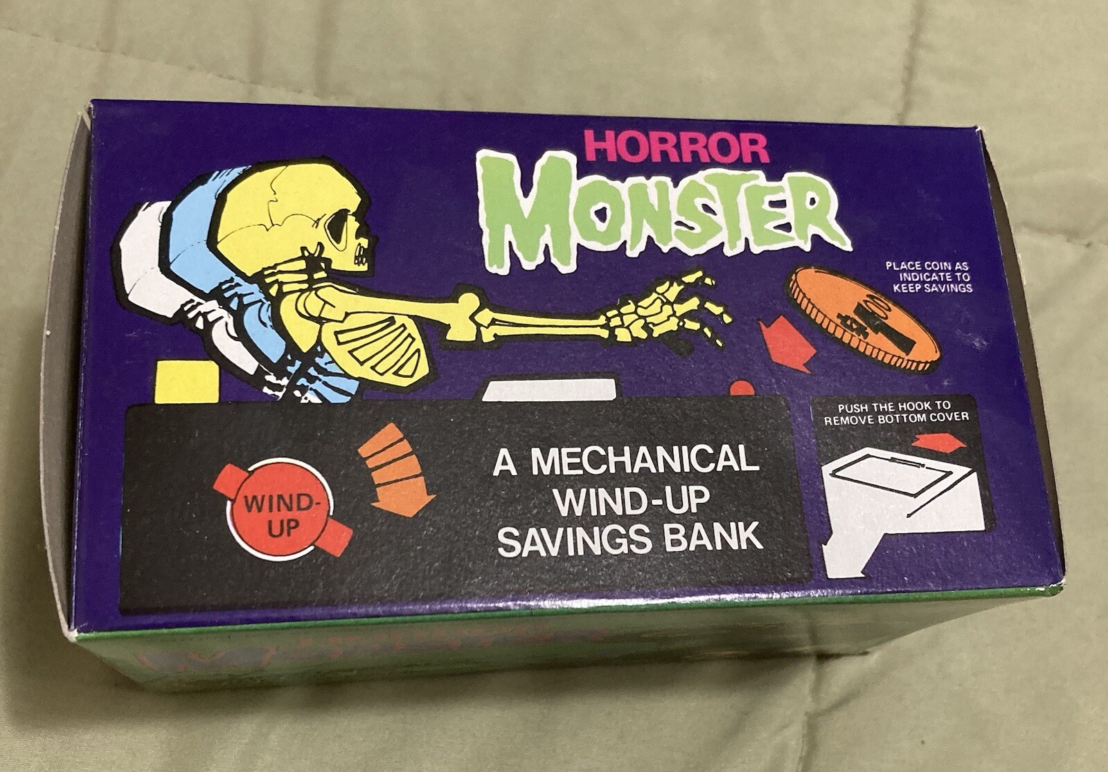 Vintage 1980's Wind Up Coffin Bank Skeleton Coin Grabber ** Hong Kong