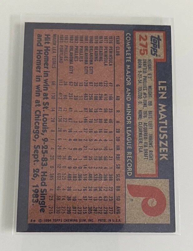1984 Topps Len Matuszek #275 Auto Autograph Signed Philadelphia Phillies - Image 2 of 2