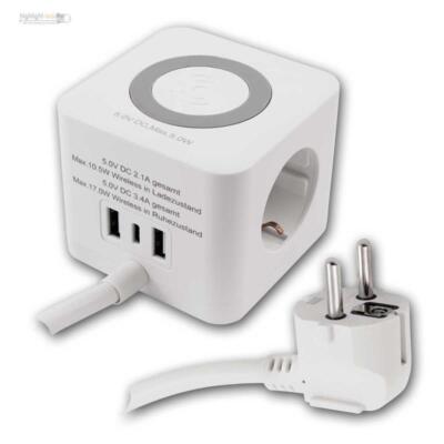 Tisch-Steckdose, 2 x USB-A 1 x C, QI Wireless Handy aufladen, Steckdosenwürfel