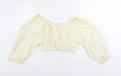 Hübsche aufwendige Damen Elfenbein Leinenmischung Cropped Bluse Größe S Schulterfrei