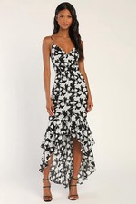 Lulus Darling Daylily White and Black Floral Print High-Low Maxi Dress Large