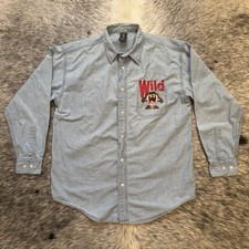Vintage Wild Taz Tasmanian Devil Embroidered Denim Button Up Shirt L