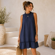Loft Care Free Blue High Neck Ruffled Flounce Dress Ruffled Hem Sleeveless Sz 4