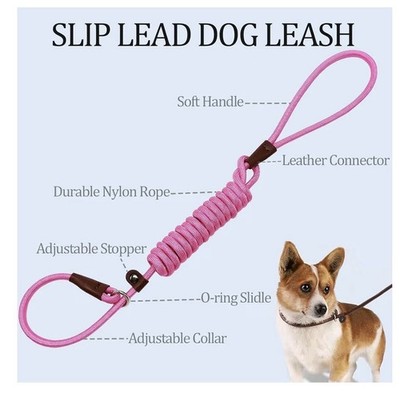 Slip Lead Control Leash for Dogs No Pull, 7 Ft Classic Dog Lead in Pink