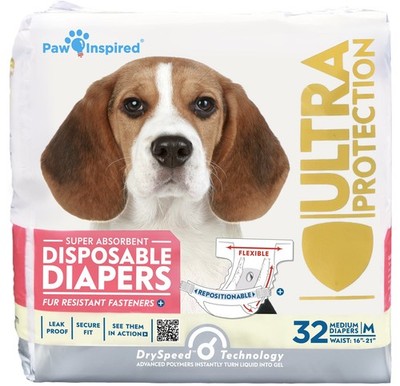 Paw Inspired 32ct Disposable Dog Diapers | Female Medium (32 Count), White