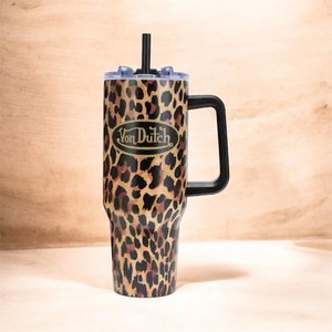 Von Dutch 40oz Leopard Print Insulated Tumbler w/Handle Drink-Through Lid Straw
