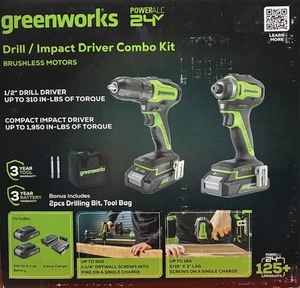 Greenworks 24V MAX Cordless Drill & Impact Driver, Batteries, Charger Combo Kit