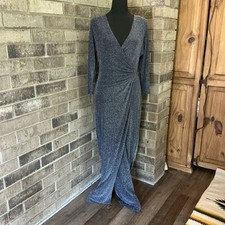 Lauren Ralph Lauren Metallic Wrap Maxi Gown Womens Size 6 Silver Blue Formal 1E