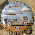 VINTAGE UNION GASOLINE SPEED & POWER 12 INCH CONVEX PORCELAIN ENAMEL SIGN