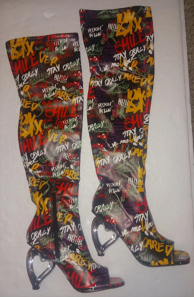 Yoki женщин Ginn-11 каблук над колена граффити ботинки сердце формы каблуки - Изображение 4 из 4