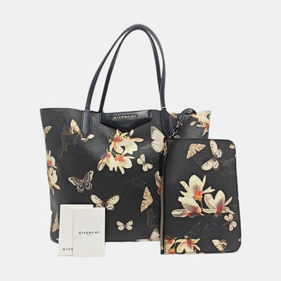 Auth GIVENCHY Antigona Black Calfskin Leather Floral Print Shopper Tote w Pouch