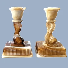 2 Caramel SLAG GLASS Heisey Imperial EMPIRE #779 Dolphin Koi Candlestick Holders
