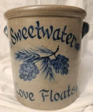 Rowe Pottery Crock Salt Glaze Blue Pinecones Sweetwater Love Floats - 8"