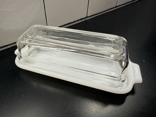Vintage Fire-King Quarter Lb Butter Dish Milk Glass Clear Crystal Lid CHIP