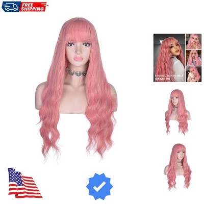 Long Wavy Pink Wig with Bangs for Women Heat Resistant Synthetic Hair Wigs fo...