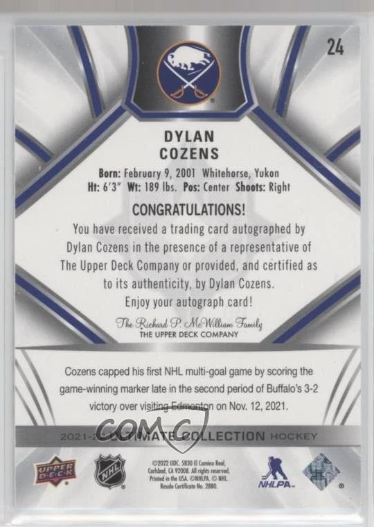 2021-22 Upper Deck Ultimate Collection Auto Dylan Cozens #24 Auto - Image 2 of 2