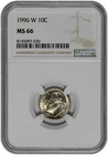 1996 W 10C Silver Roosevelt Dime NGC Graded MS 66