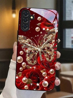 Multicolor Red Butterfly Rose Pearl Glass Phone Case For iPhone 13 Pro Galaxy