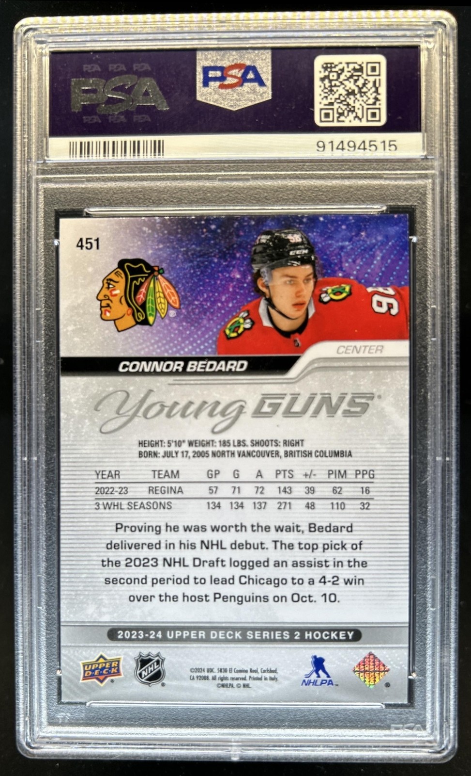2023-24 Upper Deck Connor Bedard Rookie RC Young Guns #451 Blackhawks PSA 8 view 2