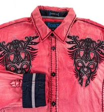 Roar Men's Signature SLIM FIT Flip Cuff Embroidered Distressed Red Shirt Medium