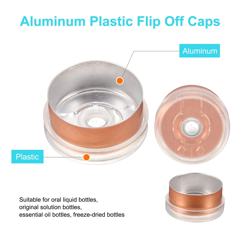 13mm Flip Off Caps 100PCS Burr-Free Flip Off Top Caps, Clear/Matte Gold Foto 3 de 4