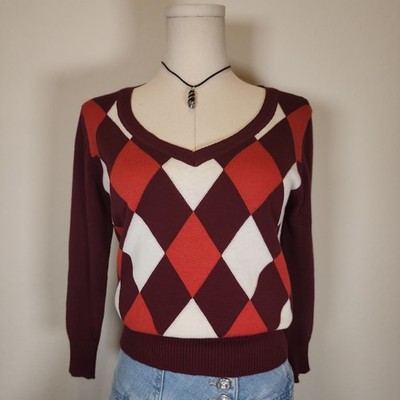 XXI Argyle Sweater Womens Large Maroon Orange White V Neck Long Sleeve Knit