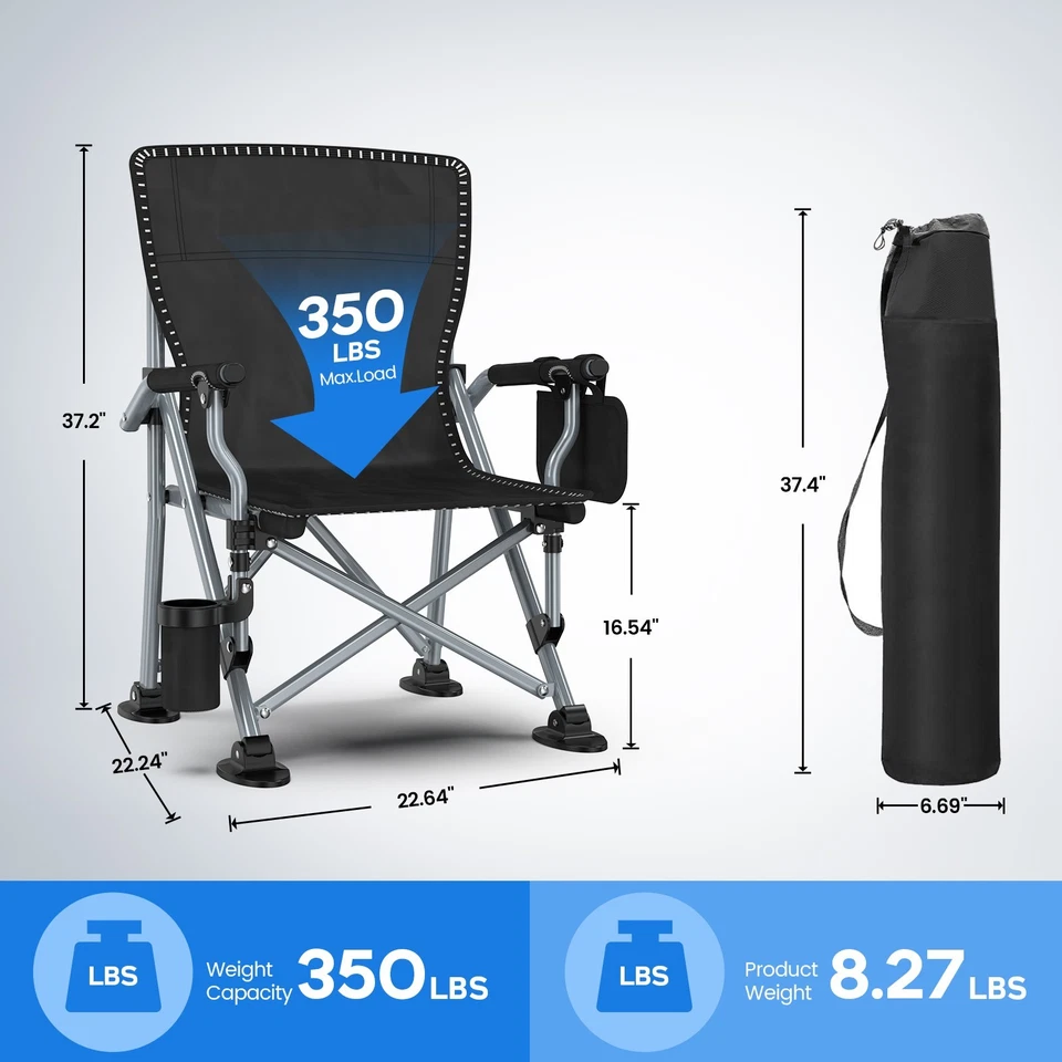 Black Portable Camping Chair Heavy Duty Folding Chair w/ Cup Holder Oversized - Image 3 of 4