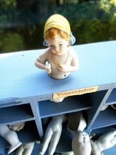 German Bisque Girl Doll with Blue Ribbon, 5.3cm, Antique c.1920s Used