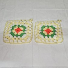 2 Vintage Crochet Pot Holders White Yellow Green Red