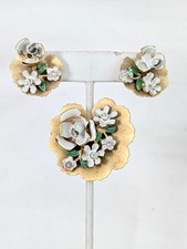 Vintage Mid-Century White Enamel Rose & Gold-Tone Leaf Brooch & Earring Set