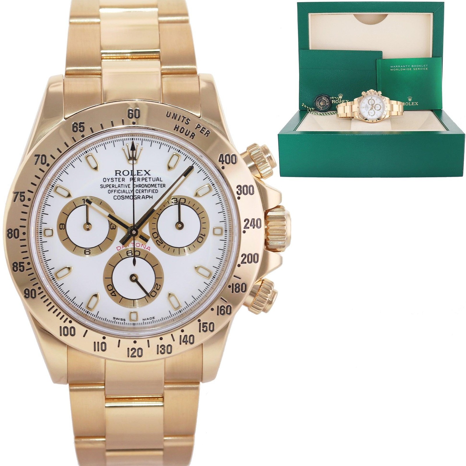 MINT Rolex Daytona 116528 White Cosmograph Chrono Yellow Gold 40mm Watch Box