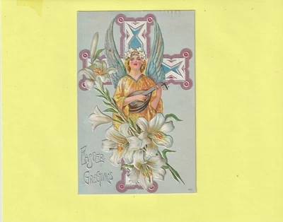 CPA GAUFREE FEMME ANGE JOUE DU BANDJO DEVANT UNE GRANDE CROIX ET LYS BLANCS - Photo 1/2