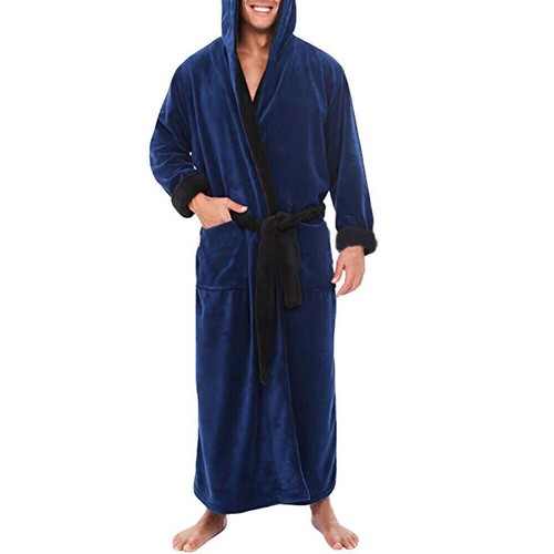 Men Long Dressing Gown Fleece Hooded Towelling Bath Robe Warm Lounge Nightgown - Picture 10 of 26