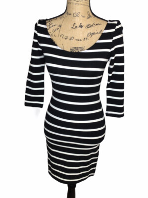 Bebe Sheath Bodycon Dress XS 3/4 Sleeve Black White Striped Back Zipper  (3573) | eBay