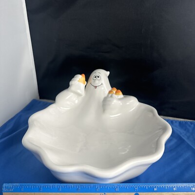 Vintage Halloween Ceramic Smiling Ghost Candy Dish Decor 10 x12  Candy Corn