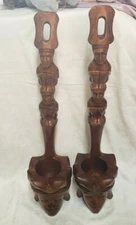 Vtg Carved Wooden Mayan Man Wall Pocket Planter Hanging Tiki Totem 27" Set of 2